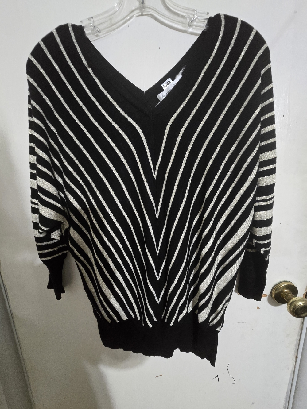 Christopher & Banks Black and Cream V-Neck Striped Sweater